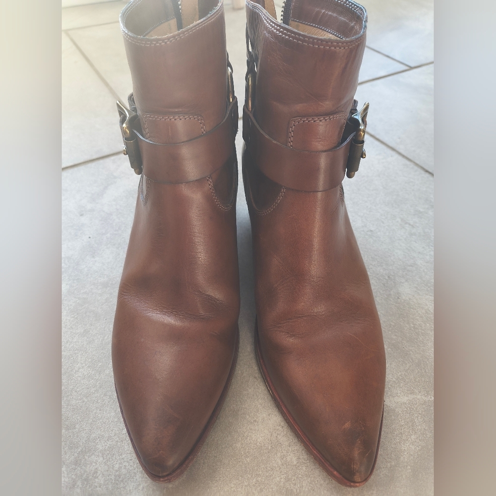 FRYE Zoe Ring Cognac Brown Leather Harness Boots Women's 7 - Picture 6 of 11